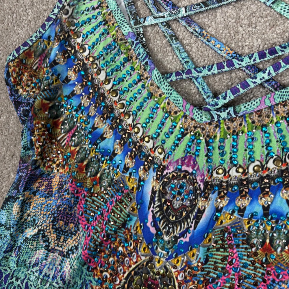Venus Womens Blue Embellished Strappy Cami Top Boho Snakeskin Print Large - Picture 2 of 8